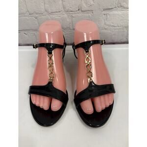 Salvatore Ferragamo Dandi Gancini Chain Ankle Strap Patent Sandals 7 Black Gold